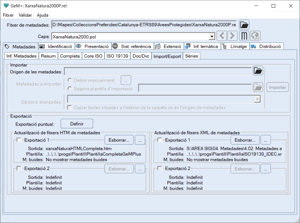 Subpestanya d'importaci i exportaci de metadades