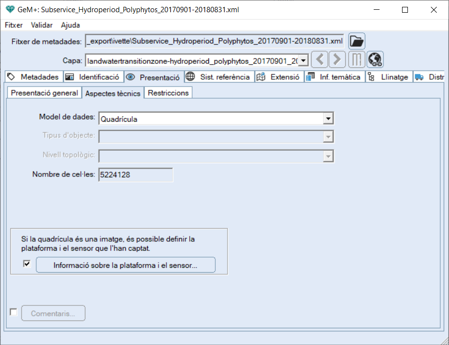 Pestanya d'aspectes tcnics d'un XML d'una capa rster