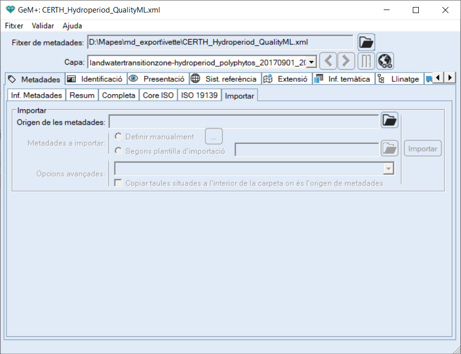 Pestanya d'importaci d'un XML