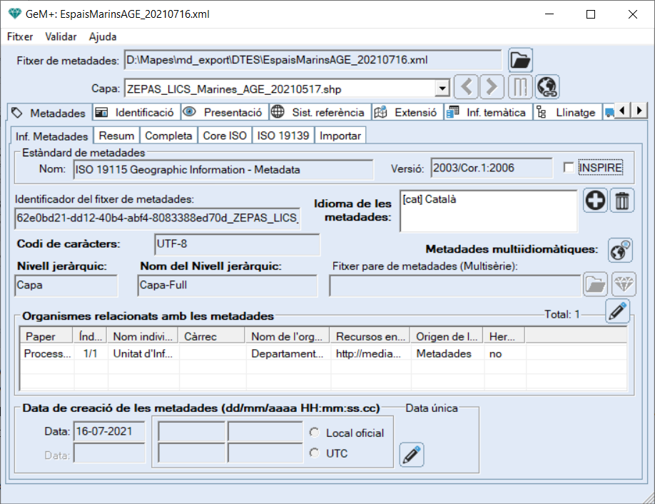 Pestanya d'informaci temtica d'un fitxer en format XML