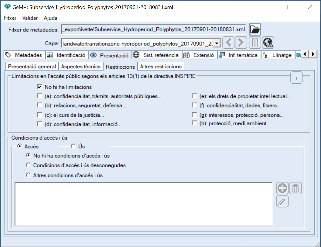 Pestanya de restriccions INSPIRE